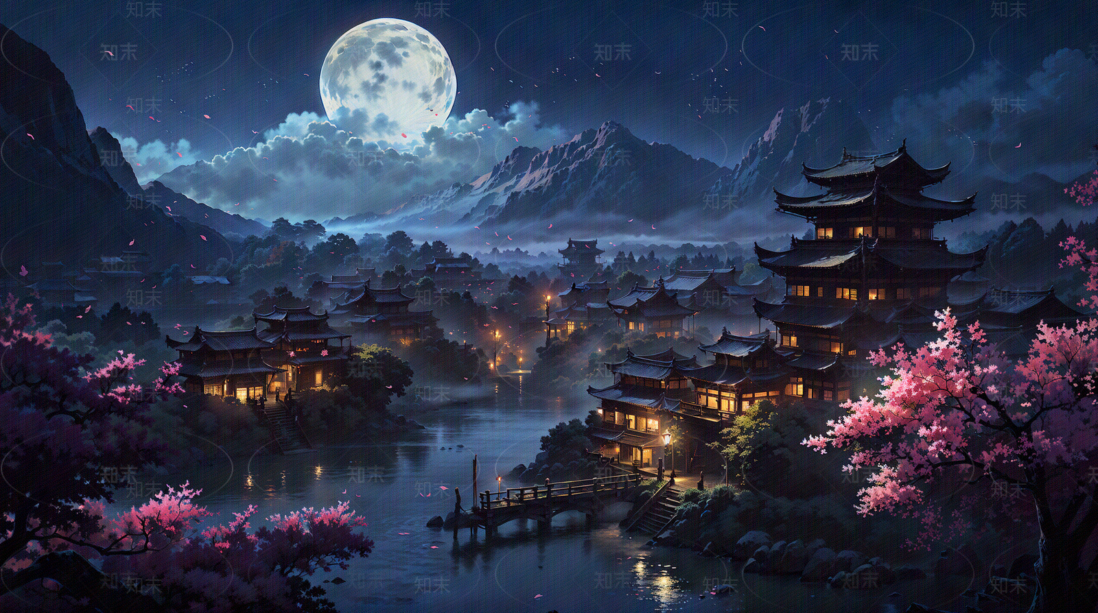 大美国风中式建筑夜晚场景图贴图下载【ID:1160725259】