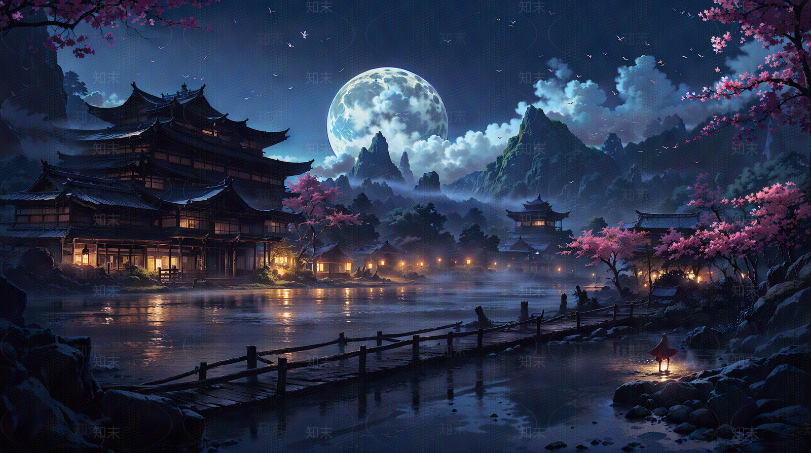 大美国风中式建筑夜晚场景图贴图下载【ID:1160725518】