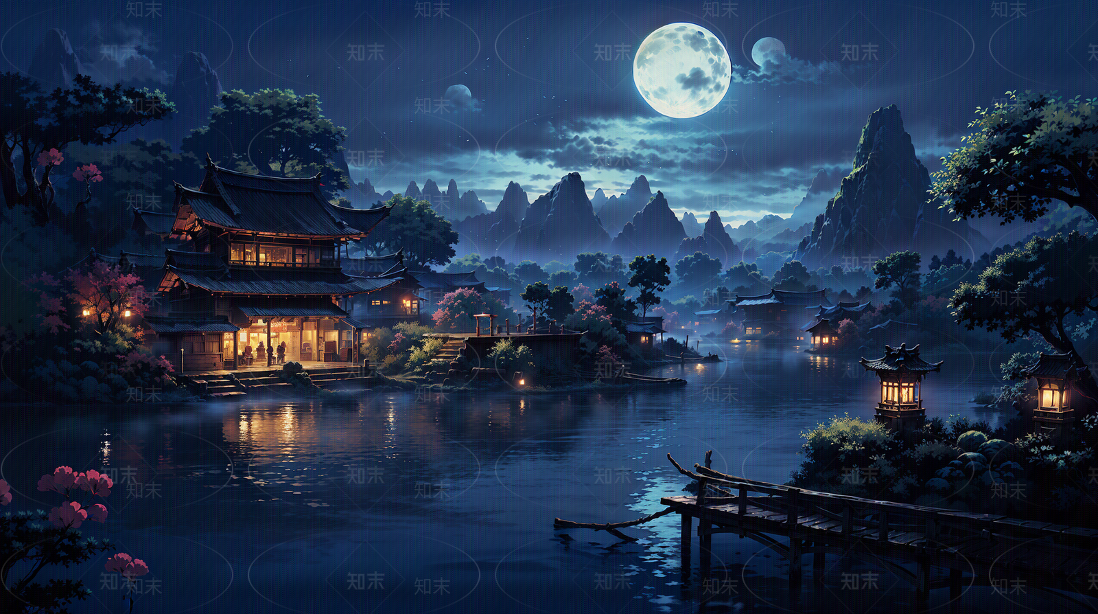 大美国风中式建筑夜晚场景图贴图下载【ID:1160725783】