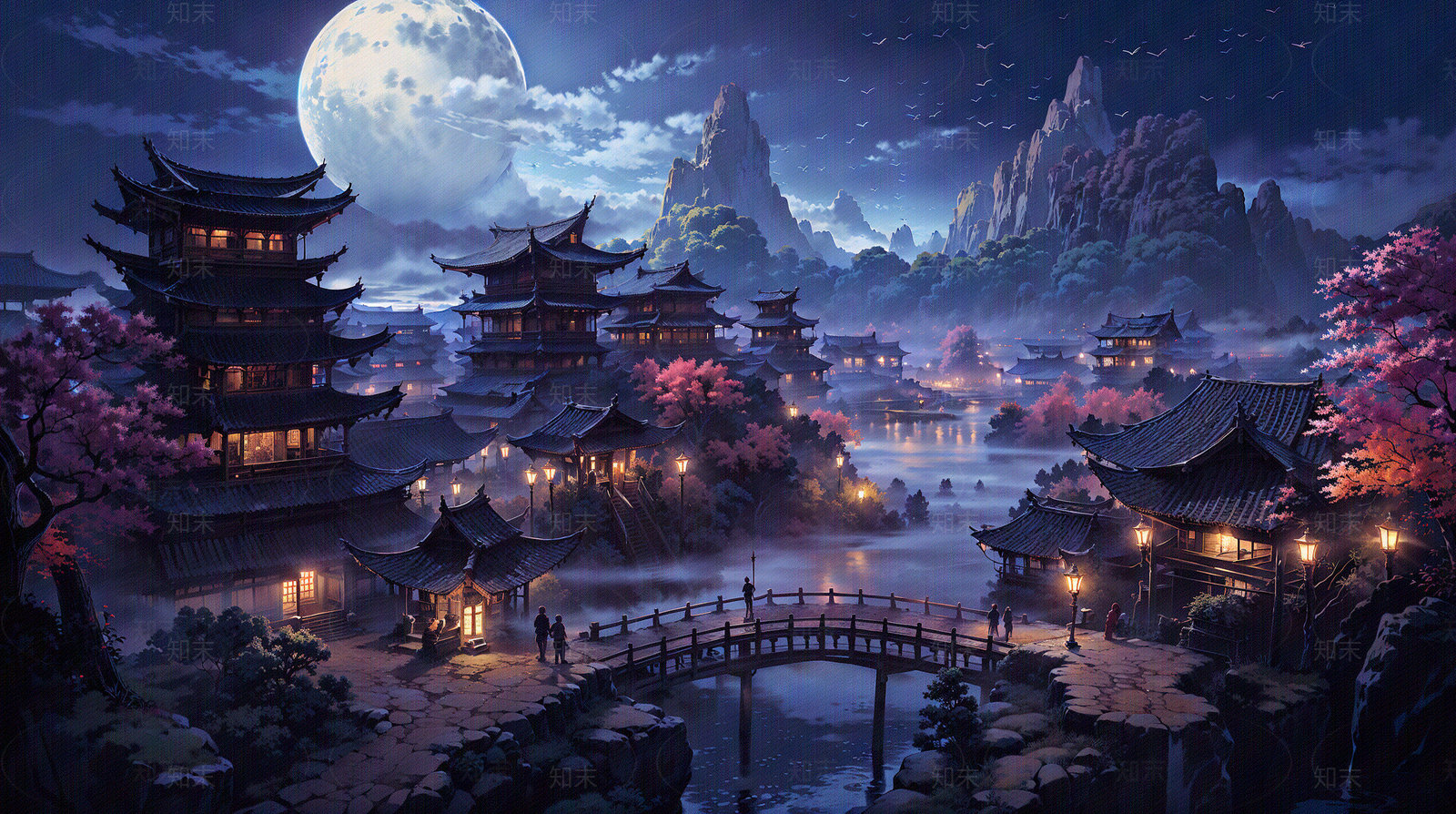 大美国风中式建筑夜晚场景图贴图下载【ID:1160727336】