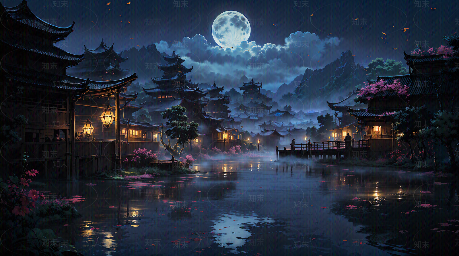 大美国风中式建筑夜晚场景图贴图下载【ID:1160727721】