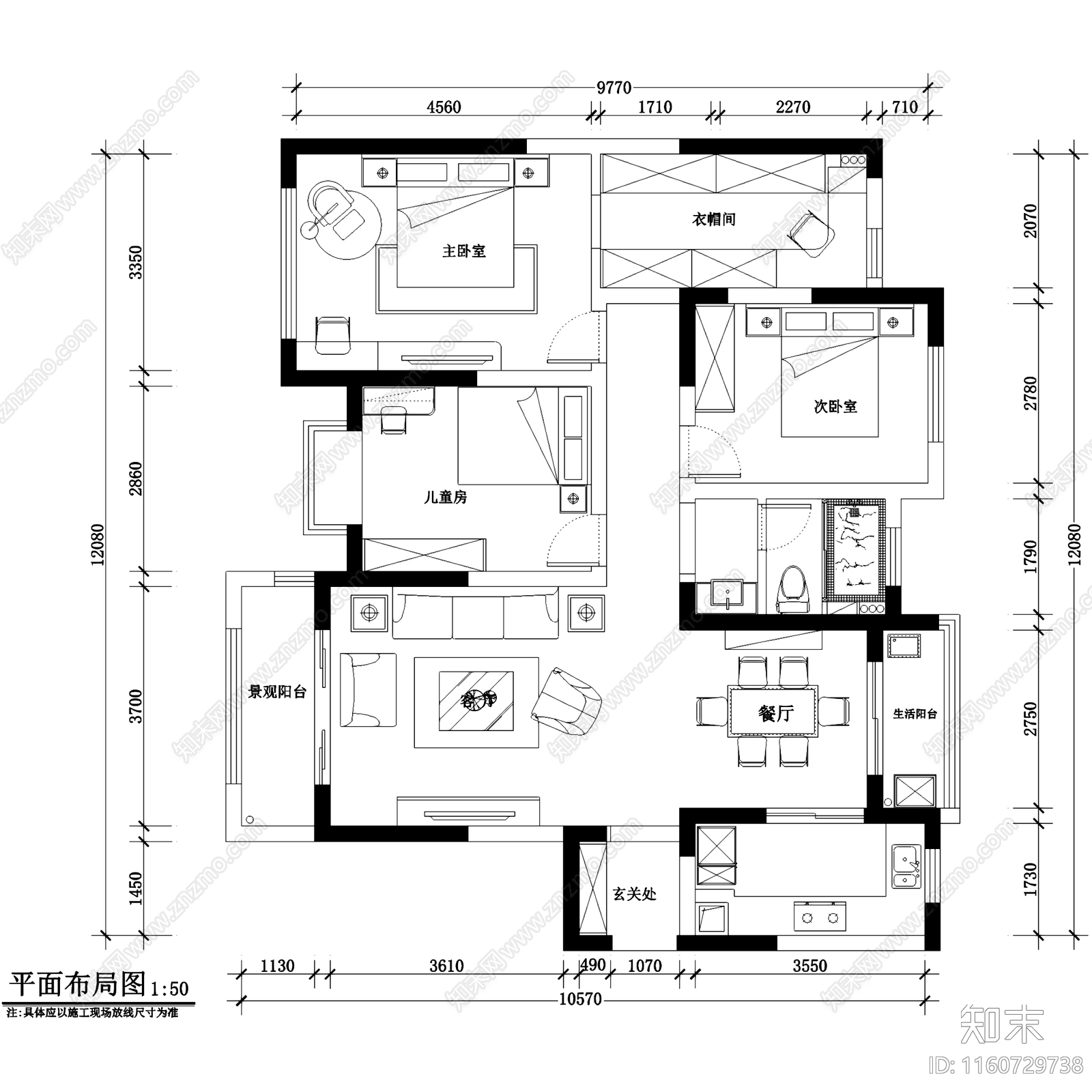 欧式田园风三室两厅一卫私宅平层室内家装cad施工图下载【ID:1160729738】