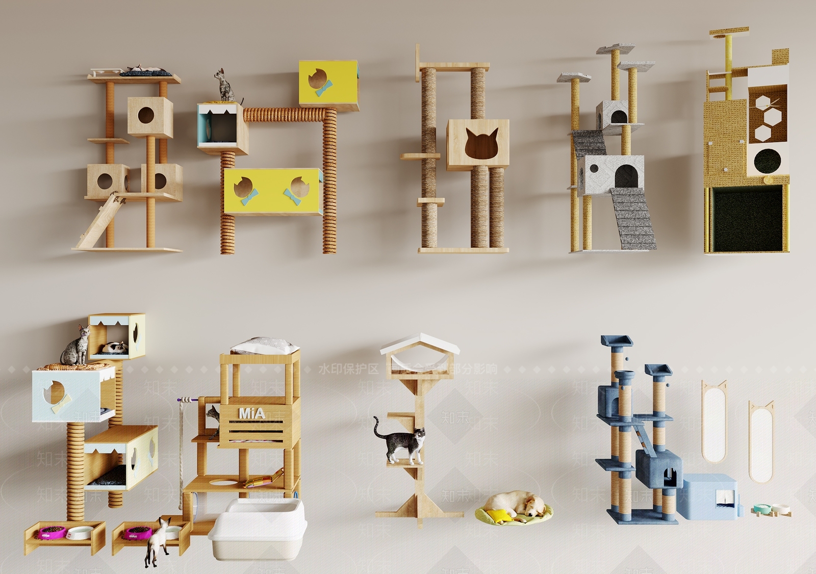 现代猫舍猫爬架组合3D模型下载【ID:1160750792】