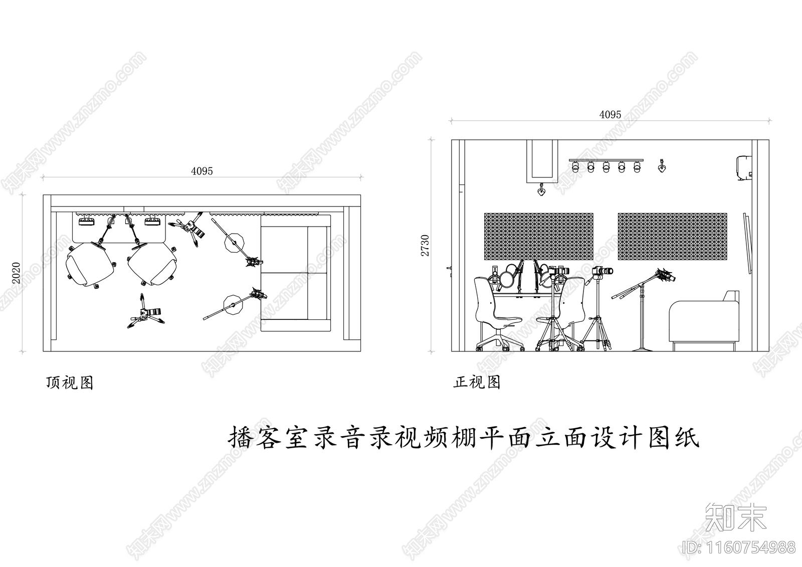 播客室录音录视频棚平面立面设计图纸施工图下载【ID:1160754988】