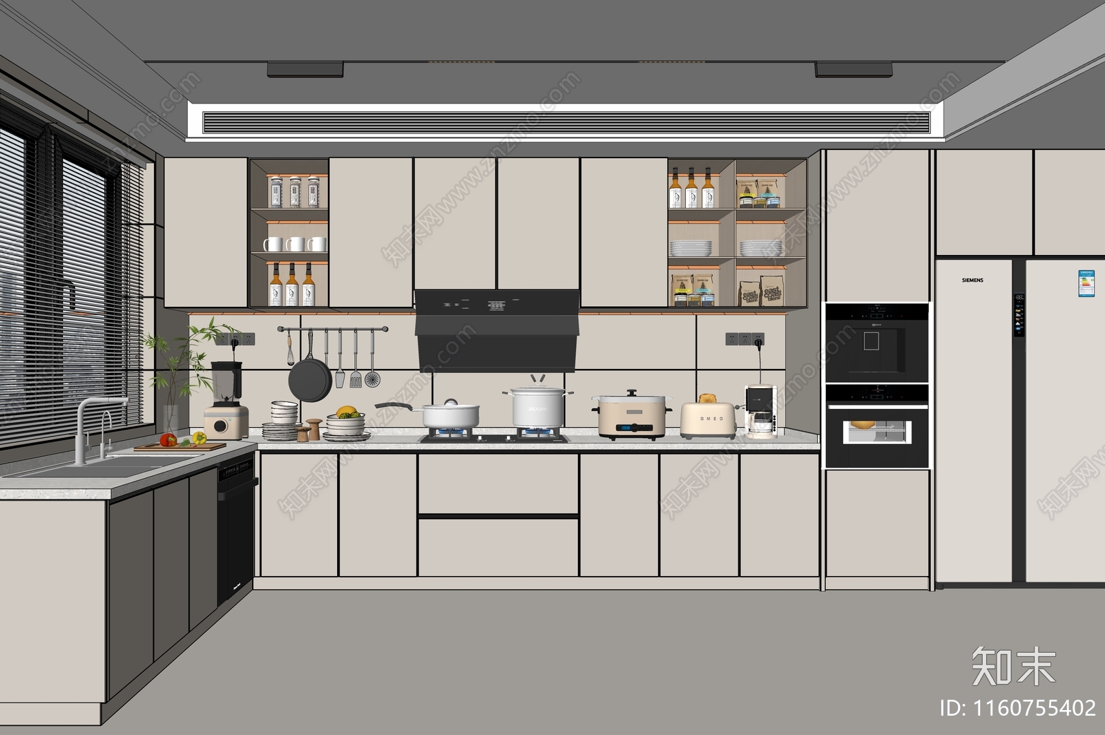 现代奶油风封闭式厨房SU模型下载【ID:1160755402】