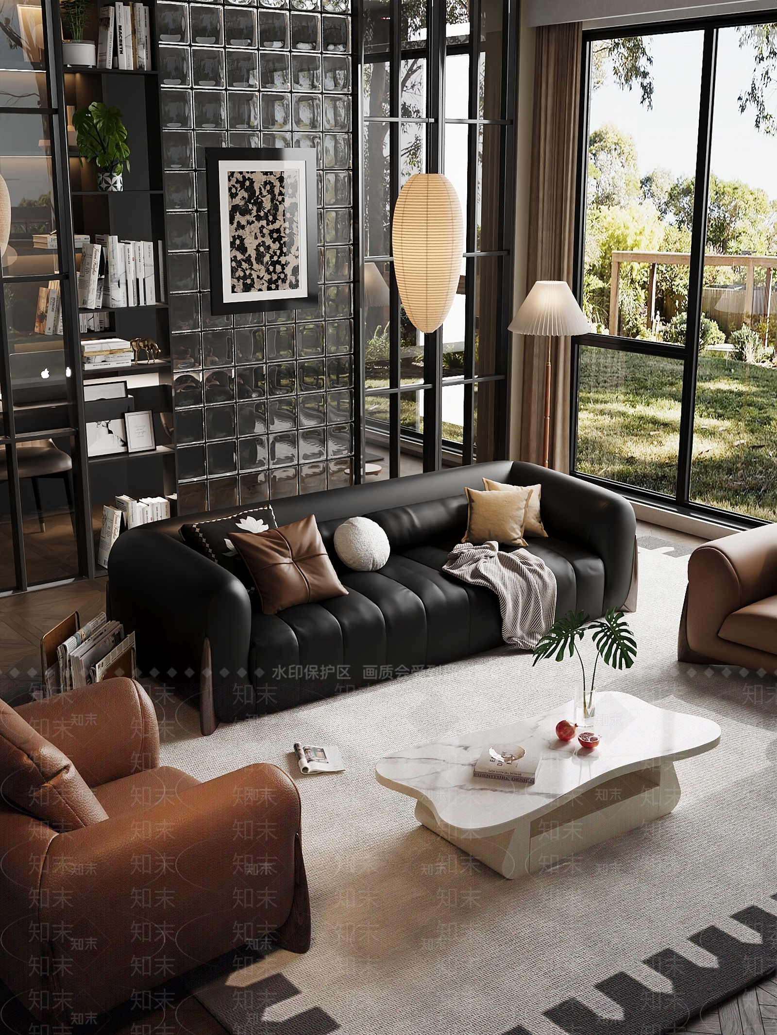 现代中古格调奶油风双人沙发茶几组合客厅3D模型下载【ID:1160758302】