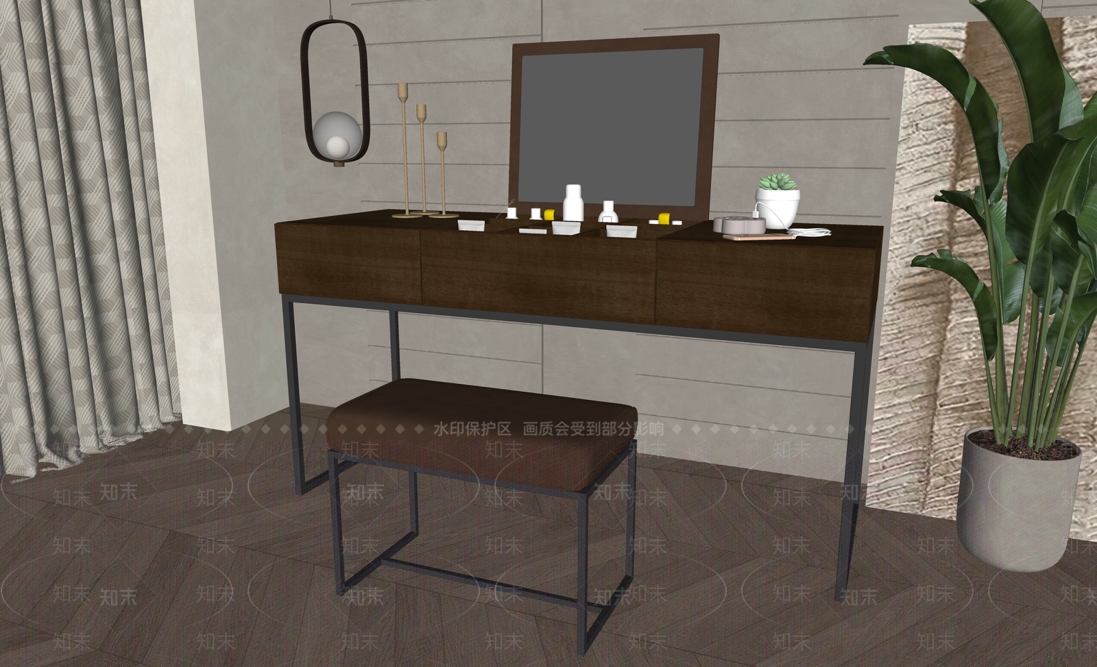 现代妆台妆凳组合SU模型下载【ID:1160759278】
