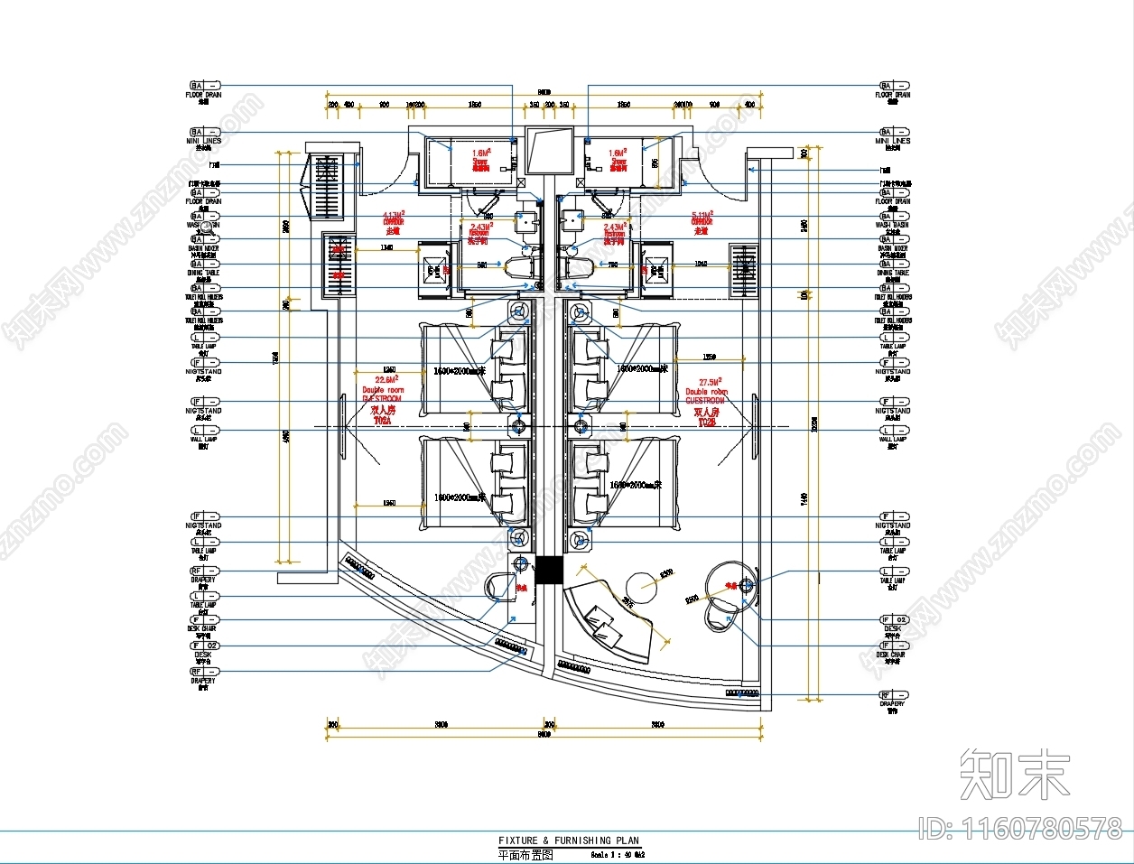 酒店双人床客房cad施工图下载【ID:1160780578】