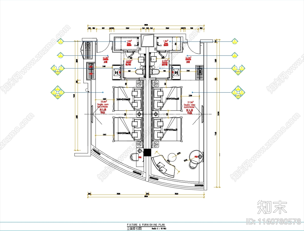 酒店双人床客房cad施工图下载【ID:1160780578】