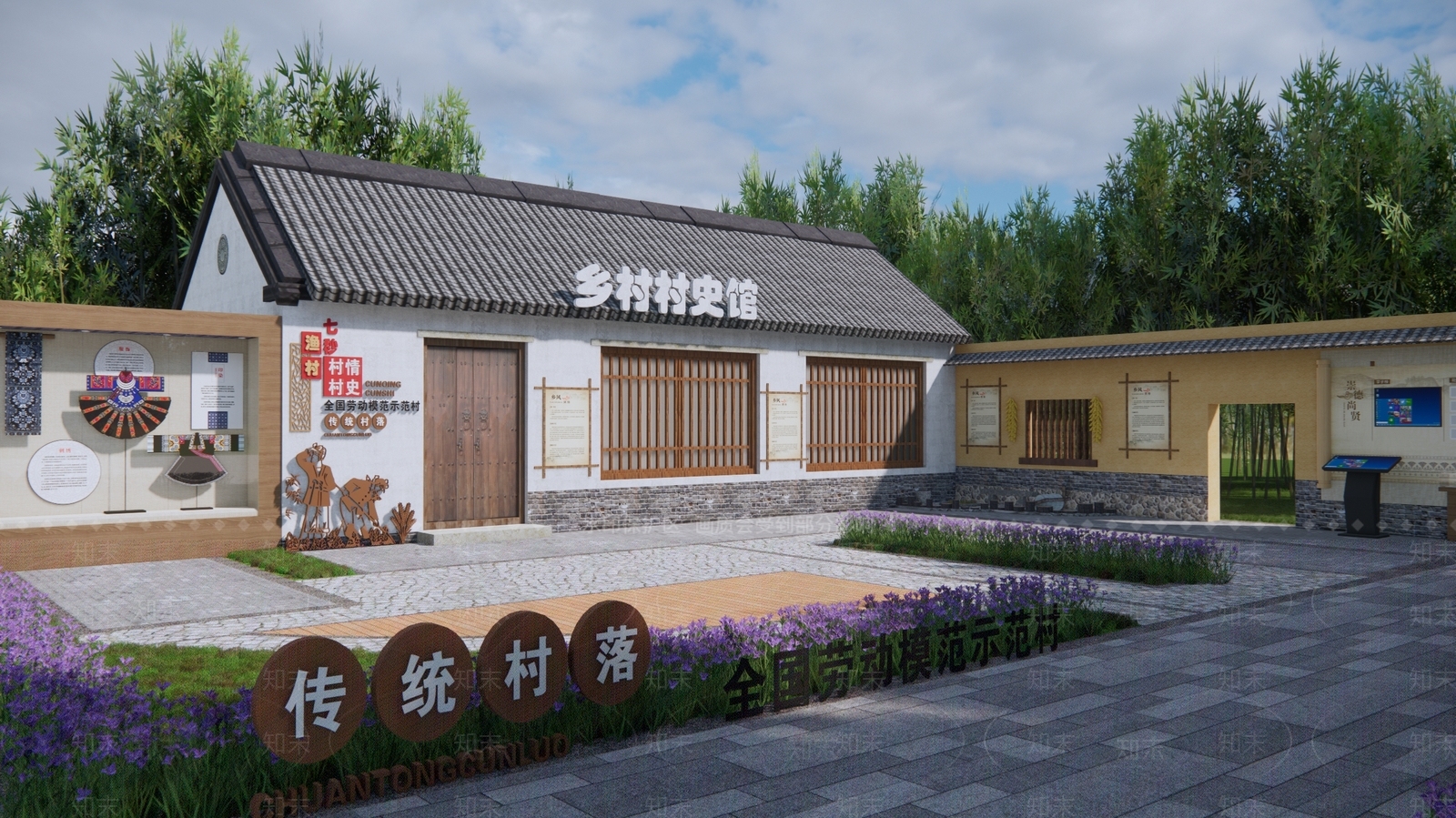 新中式村史馆建筑SU模型下载【ID:1160780642】