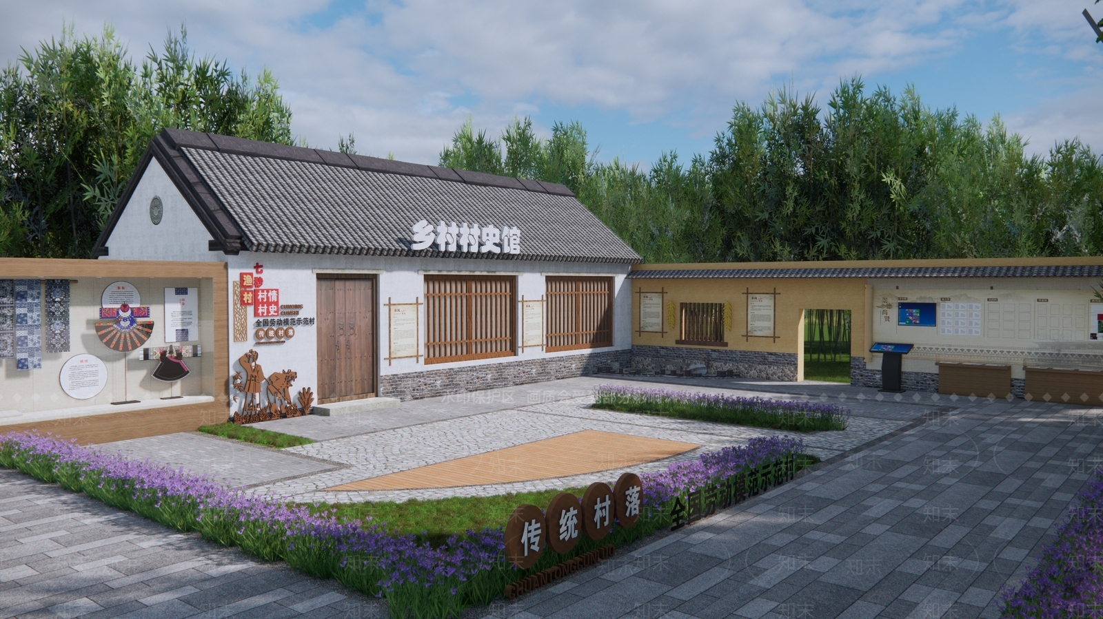 新中式村史馆建筑SU模型下载【ID:1160780642】