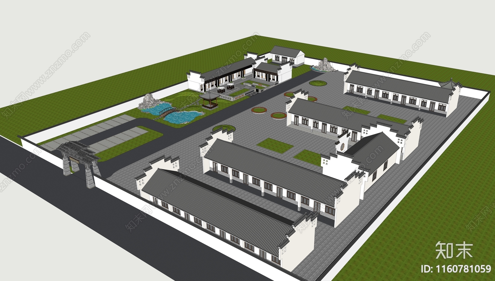 新中式民宿景观SU模型下载【ID:1160781059】