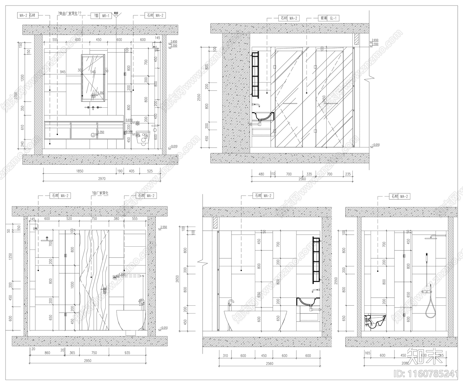 卫生间立面cad施工图下载【ID:1160785241】