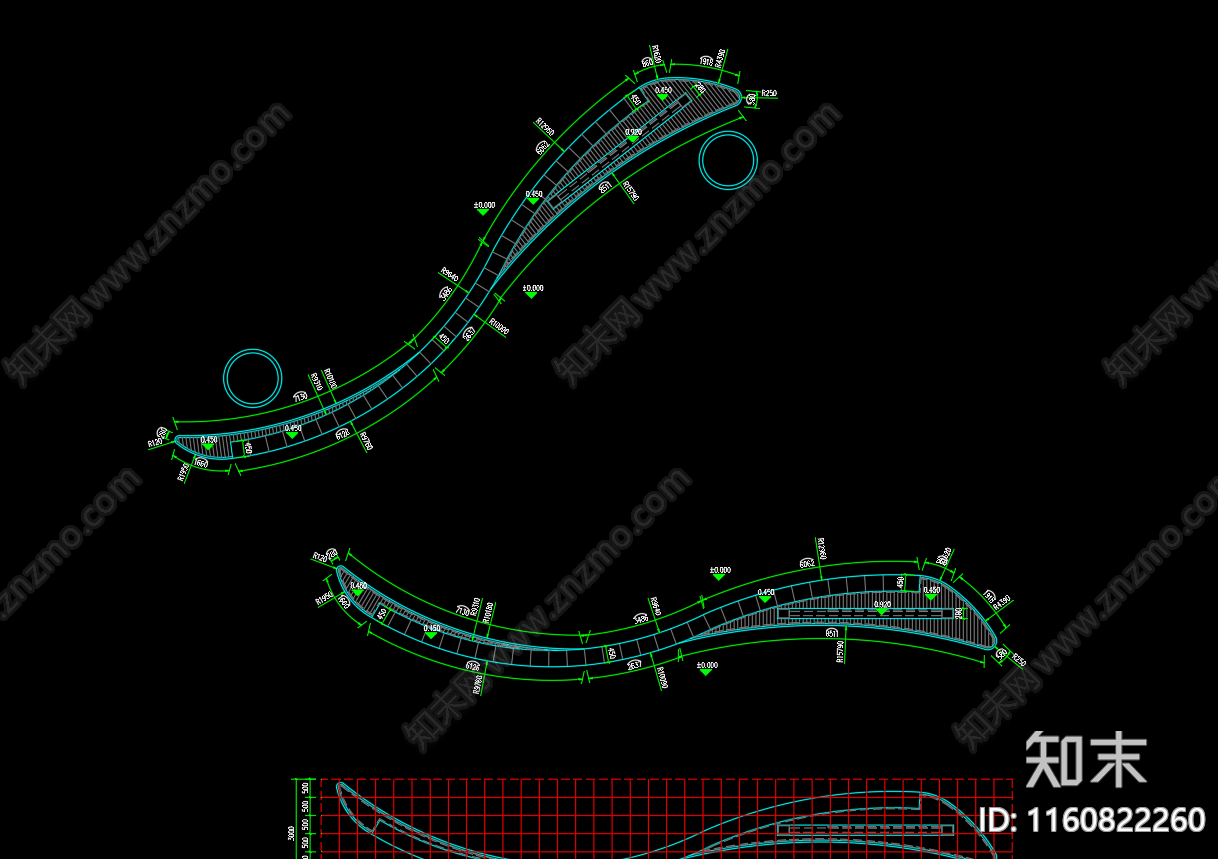 曲线异形景观座凳平台cad施工图下载【ID:1160822260】