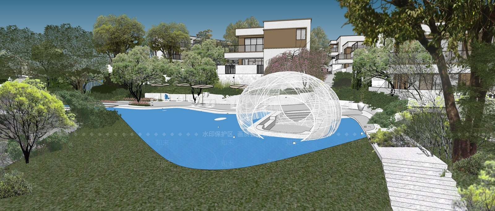 万华现代酒店式示范区景观SU模型下载【ID:1160832775】