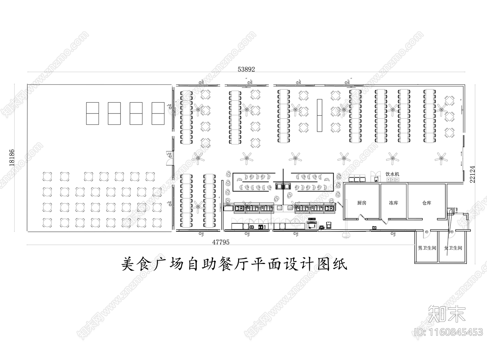 美食广场自助餐厅平面设计图纸cad施工图下载【ID:1160845453】