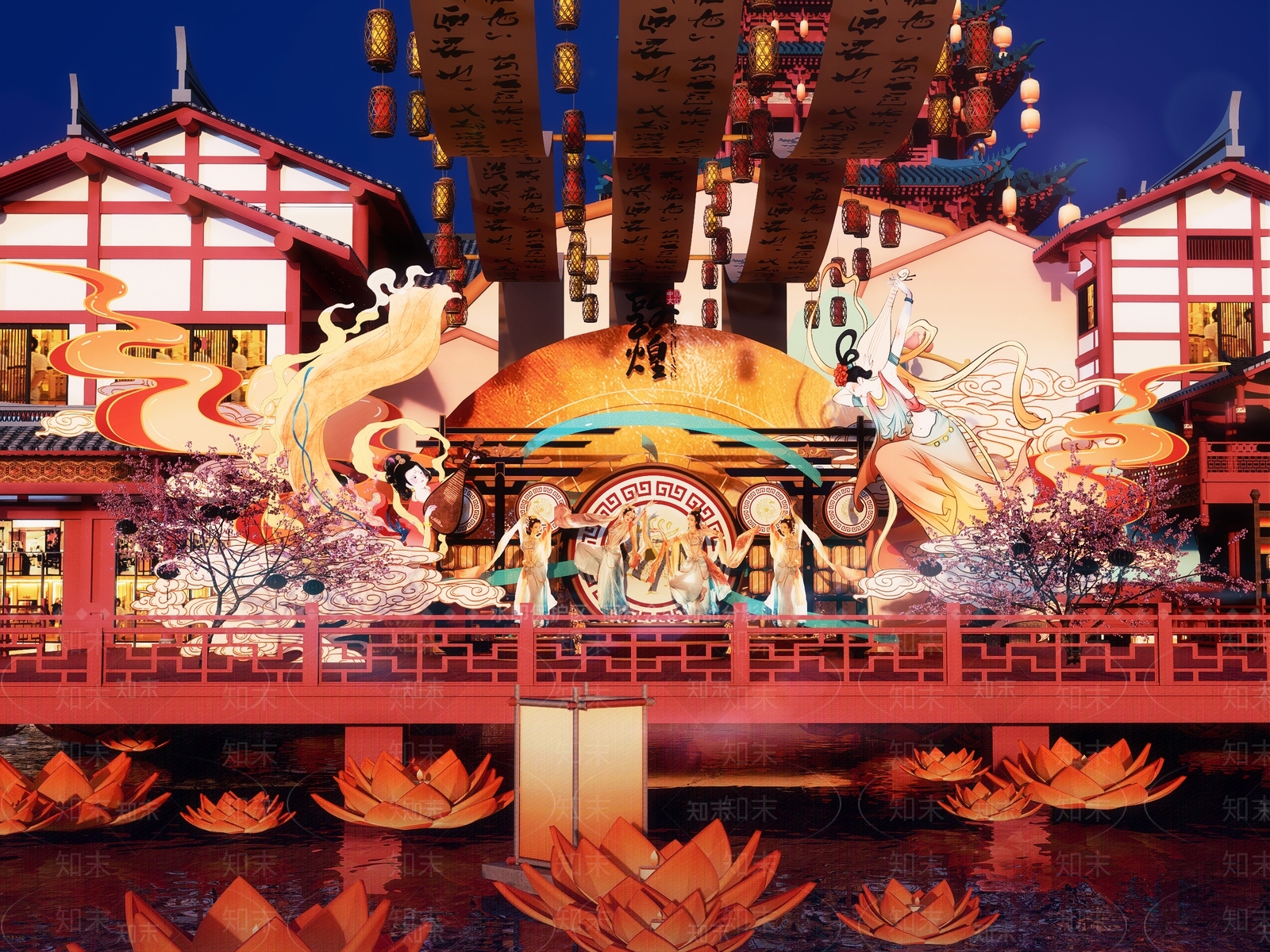 新中式古镇商业街滨水古风国潮灯会景观美陈SU模型下载【ID:1160848883】