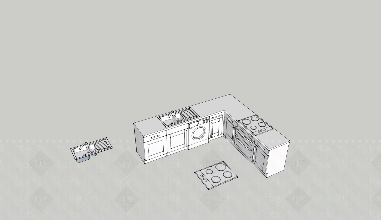 现代开放式厨房橱柜SU模型下载【ID:1160852745】