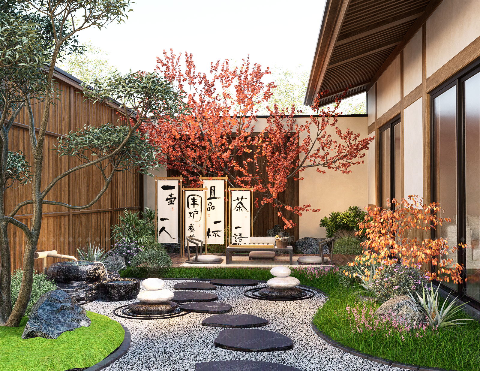 日式禅意庭院景观SU模型下载【ID:1160854677】