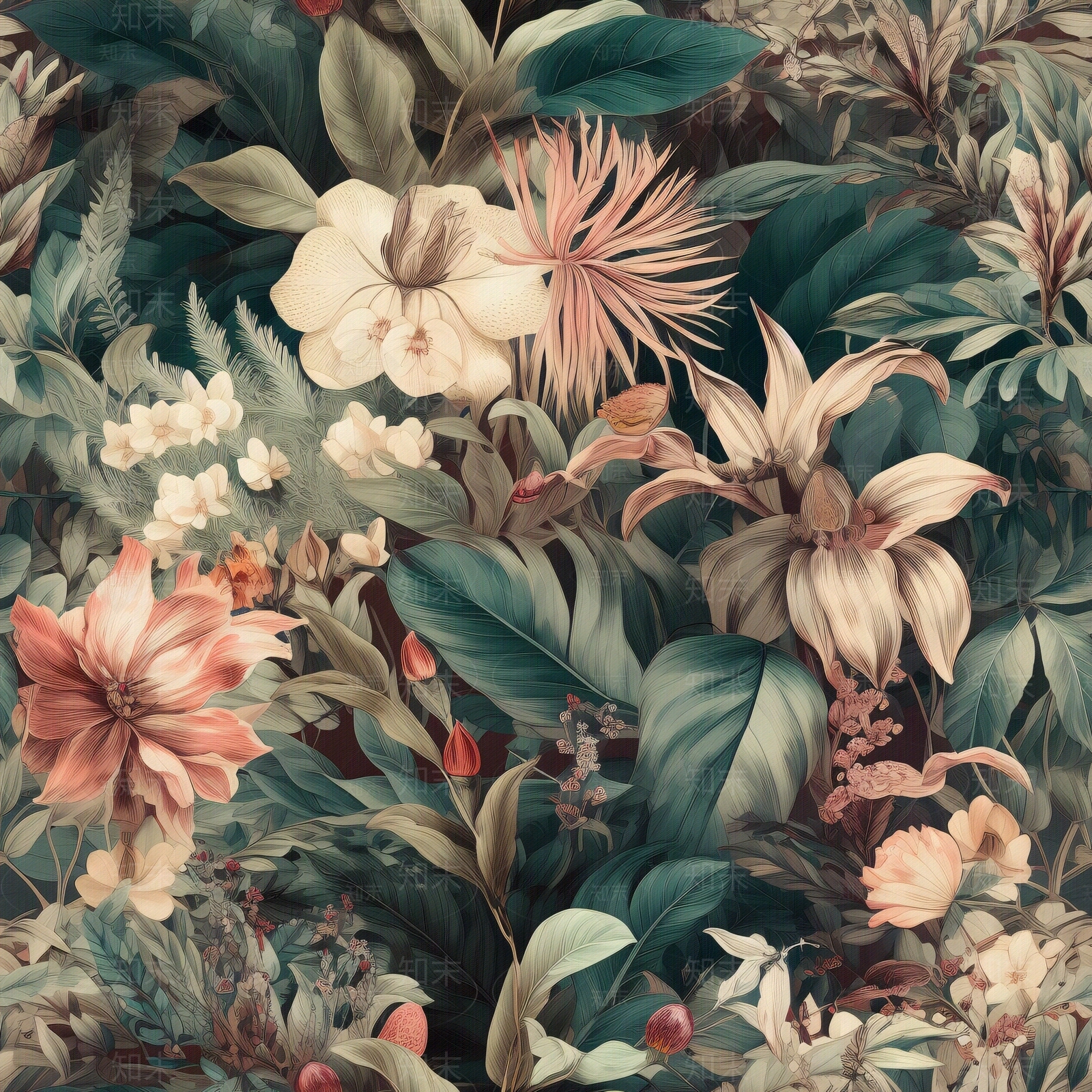 无缝连纹复古欧式热带雨林森系植物花卉壁纸贴图下载【ID:1160864220】