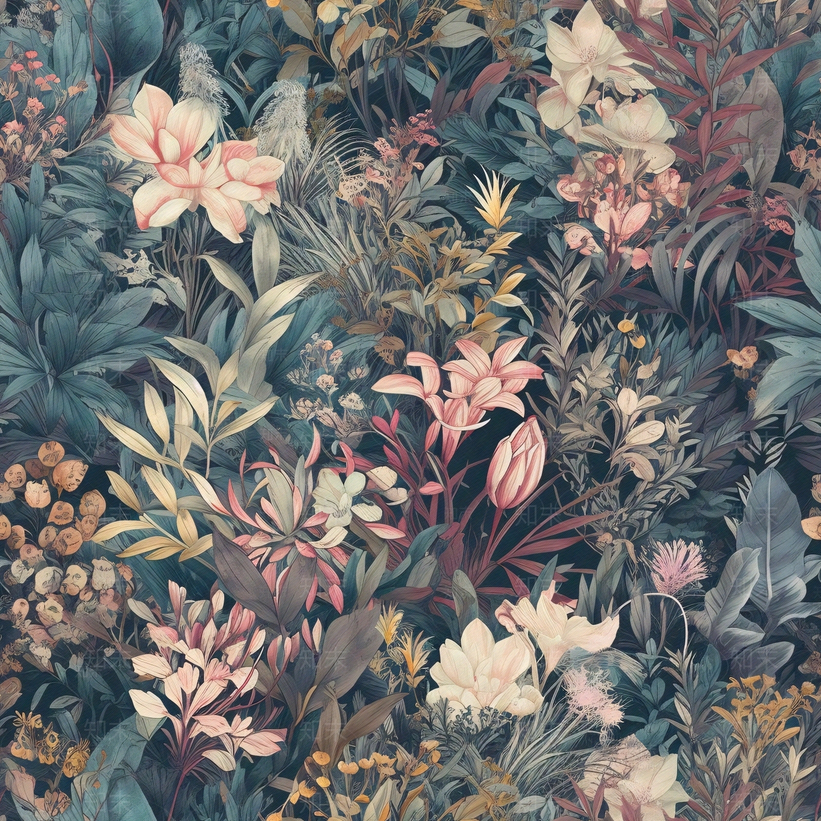 无缝连纹复古欧式热带雨林森系植物花卉壁纸贴图下载【ID:1160864535】