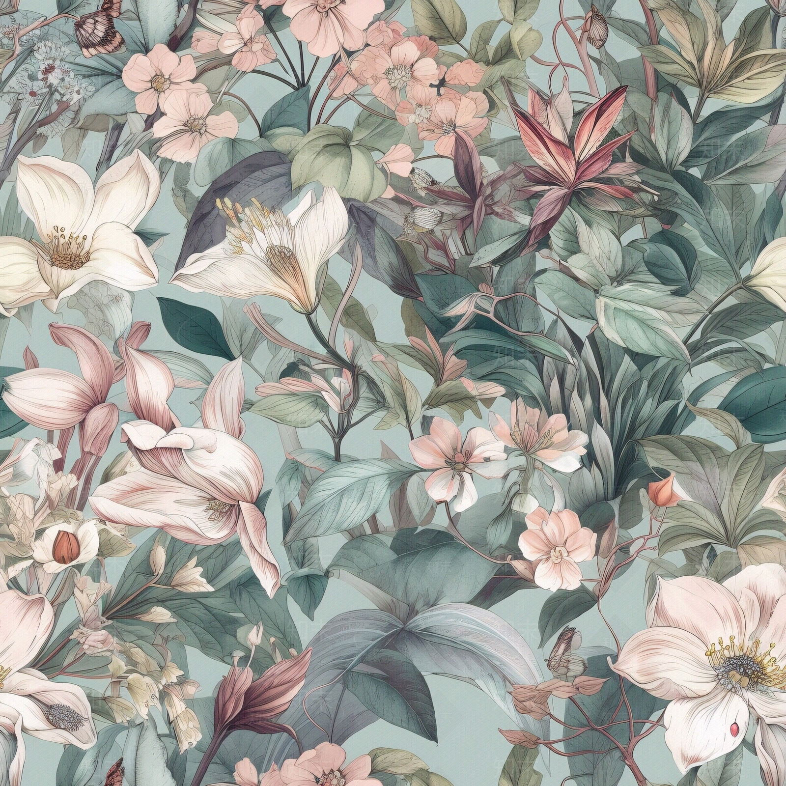 无缝连纹复古欧式热带雨林森系植物花卉壁纸贴图下载【ID:1160864834】