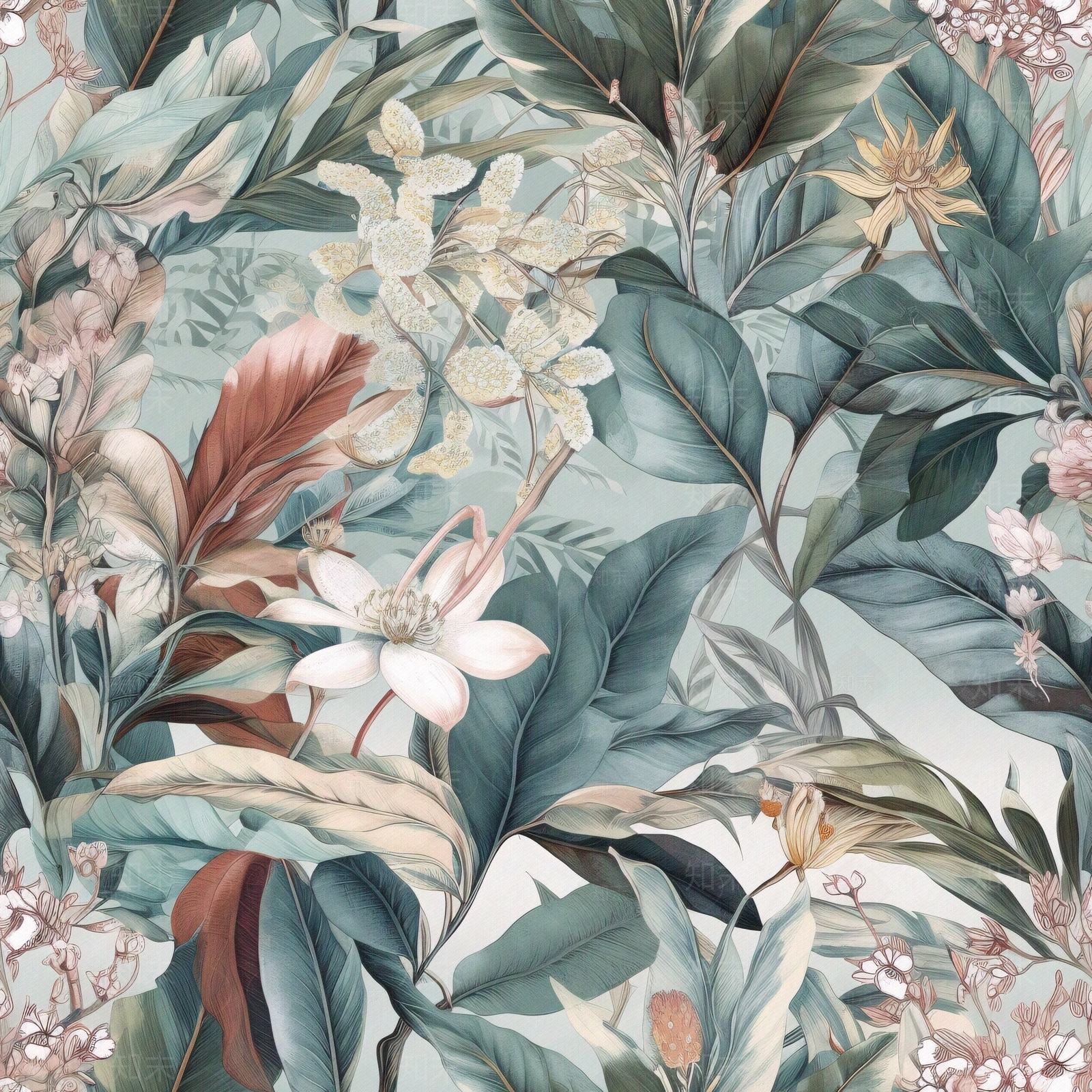 无缝连纹复古欧式热带雨林森系植物花卉壁纸贴图下载【ID:1160865144】