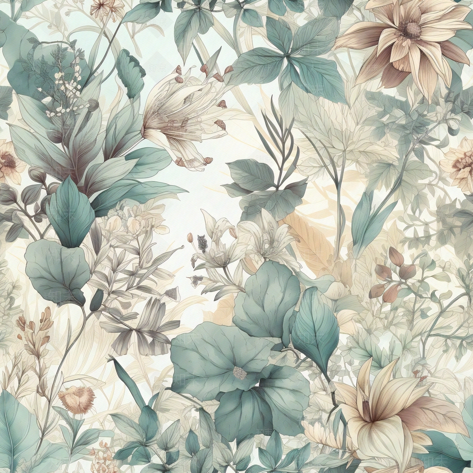 无缝连纹复古欧式热带雨林森系植物花卉壁纸贴图下载【ID:1160865381】