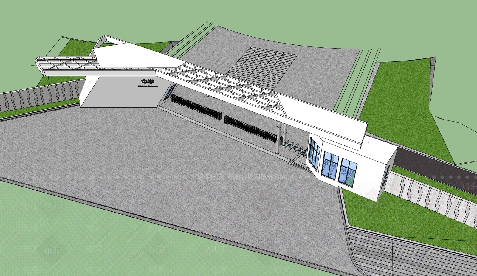 现代风格学校入口大门SU模型下载【ID:1160871936】