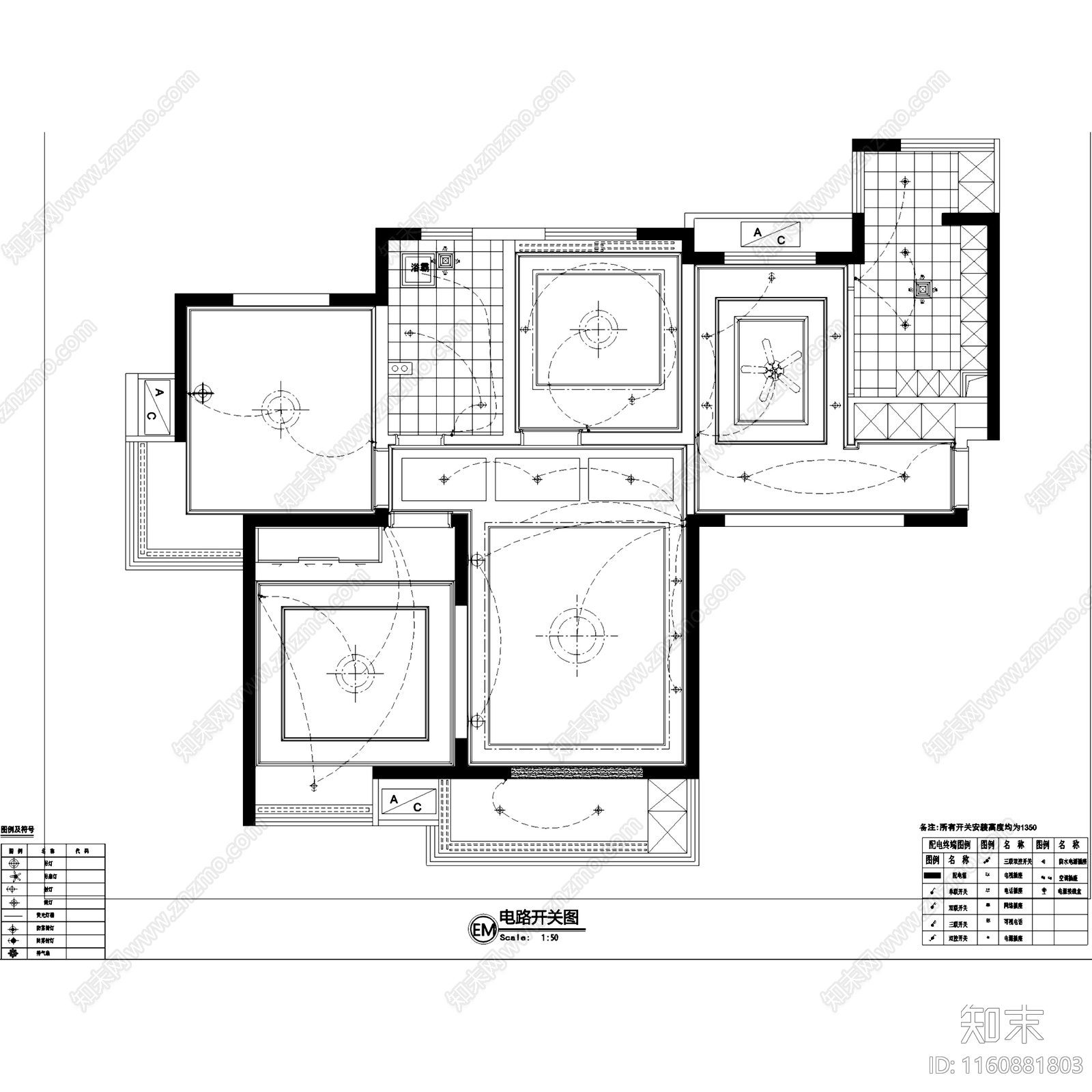 美式三室两厅一卫私宅平层室内家装平面系统图cad施工图下载【ID:1160881803】