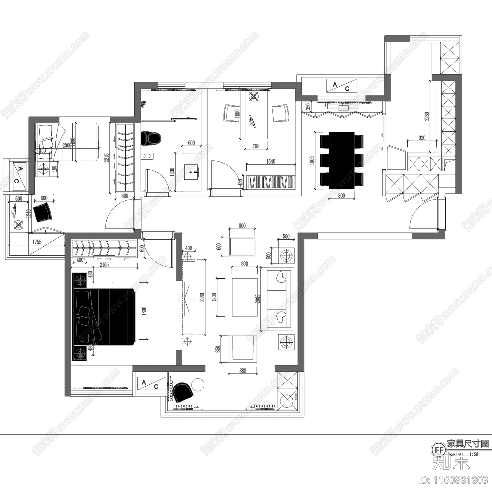 美式三室两厅一卫私宅平层室内家装平面系统图cad施工图下载【ID:1160881803】