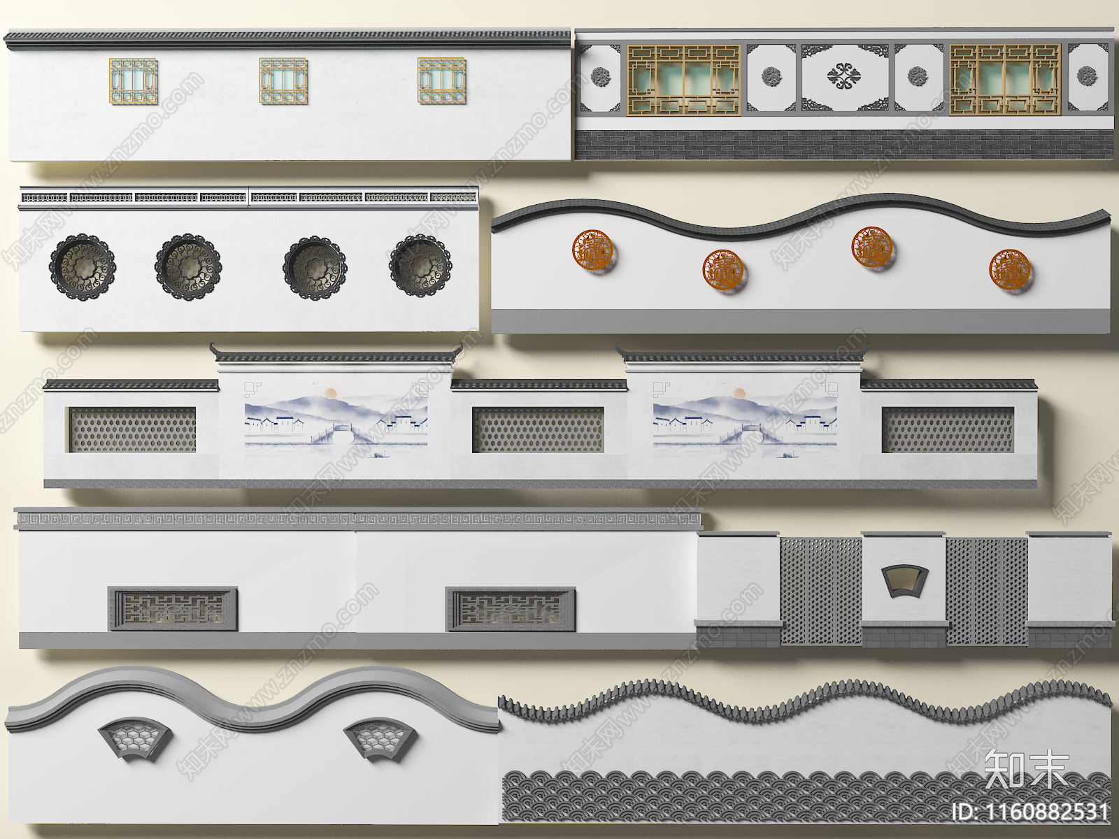 新中式围墙景墙3D模型下载【ID:1160882531】