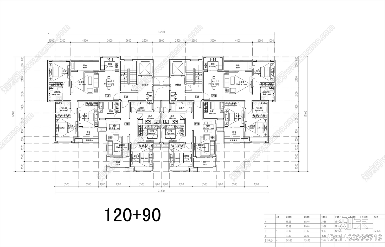 一梯四户高层住宅平面图cad施工图下载【ID:1160898719】