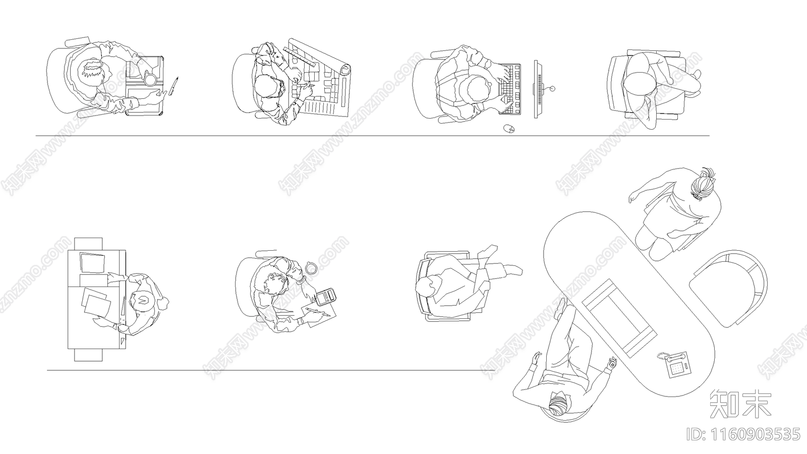 俯视图中坐在办公室的人cad施工图下载【ID:1160903535】