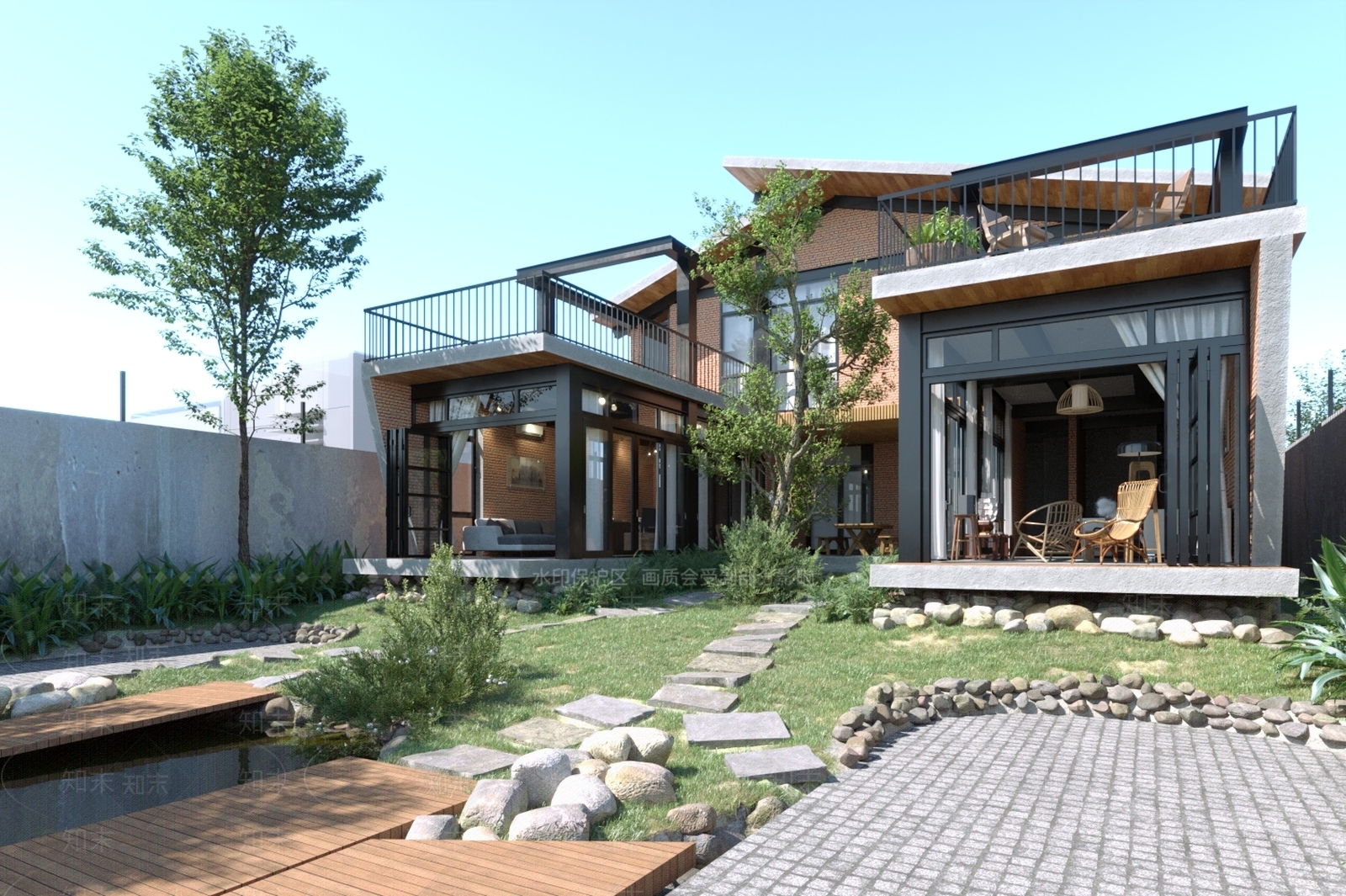 现代白天庭院建筑别墅3D模型下载【ID:1160929524】