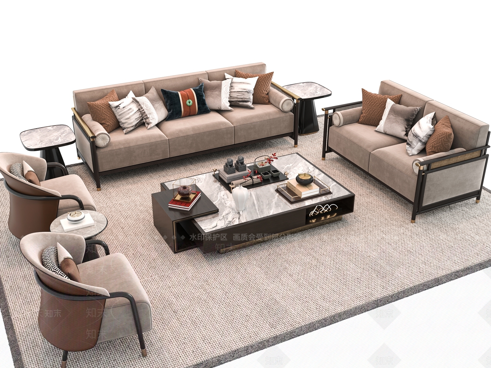 新中式沙发茶几组合3D模型下载【ID:1160938120】