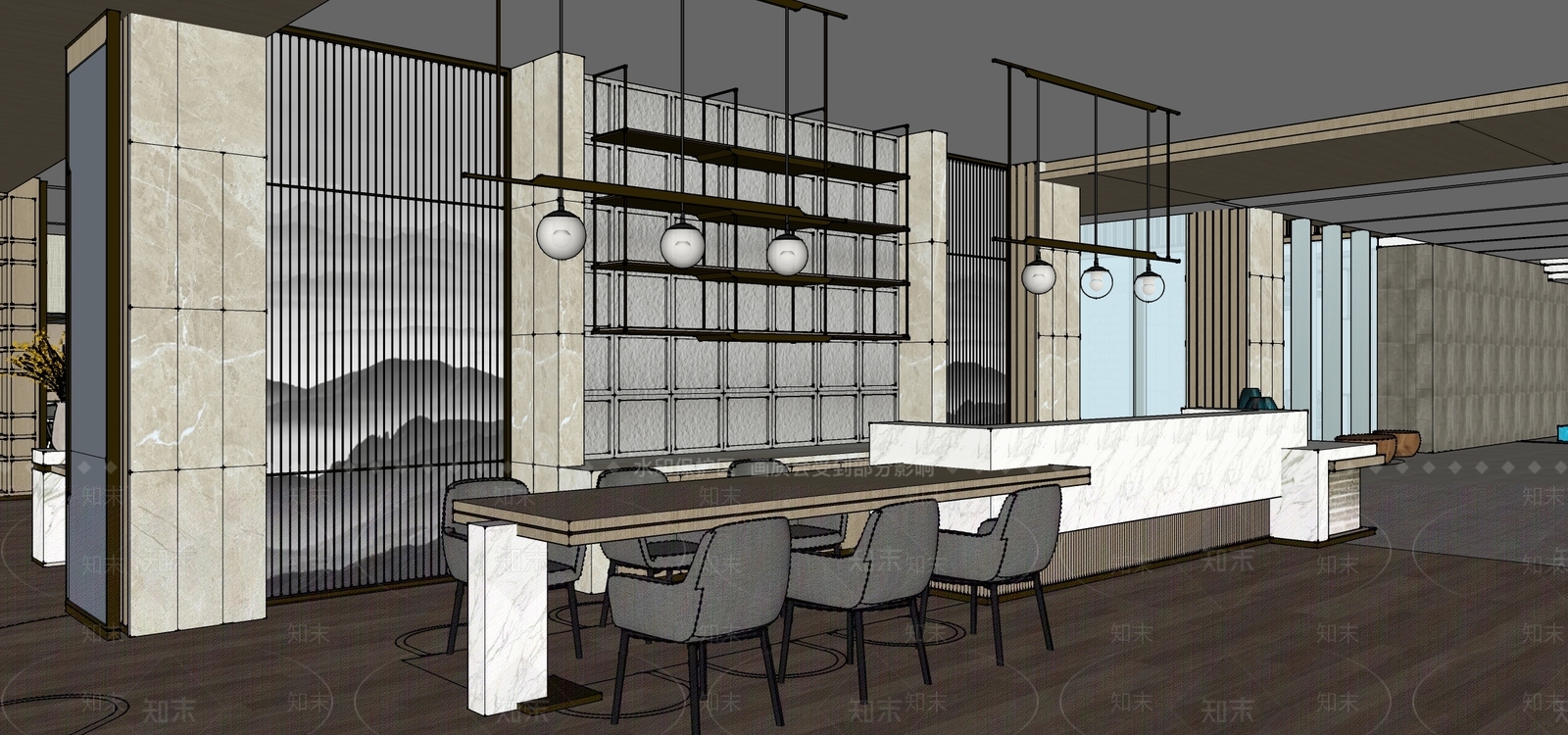 新中式酒店大堂SU模型下载【ID:1160943598】