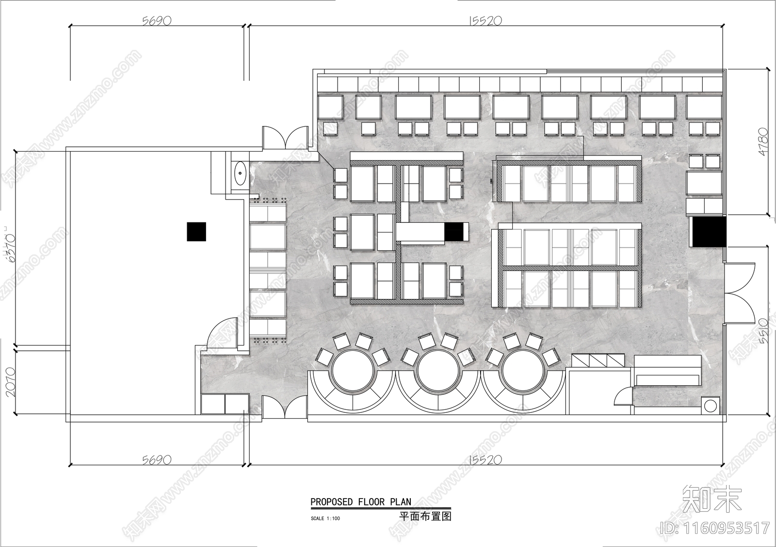 200㎡连锁现代餐厅平面布局方案施工图下载【ID:1160953517】