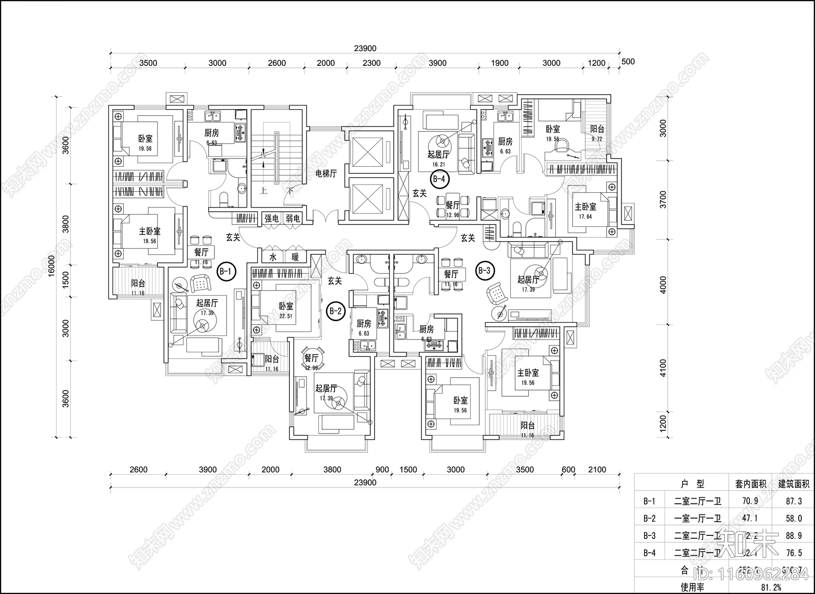 18层一梯四户住宅标准层平面图施工图下载【ID:1160962284】