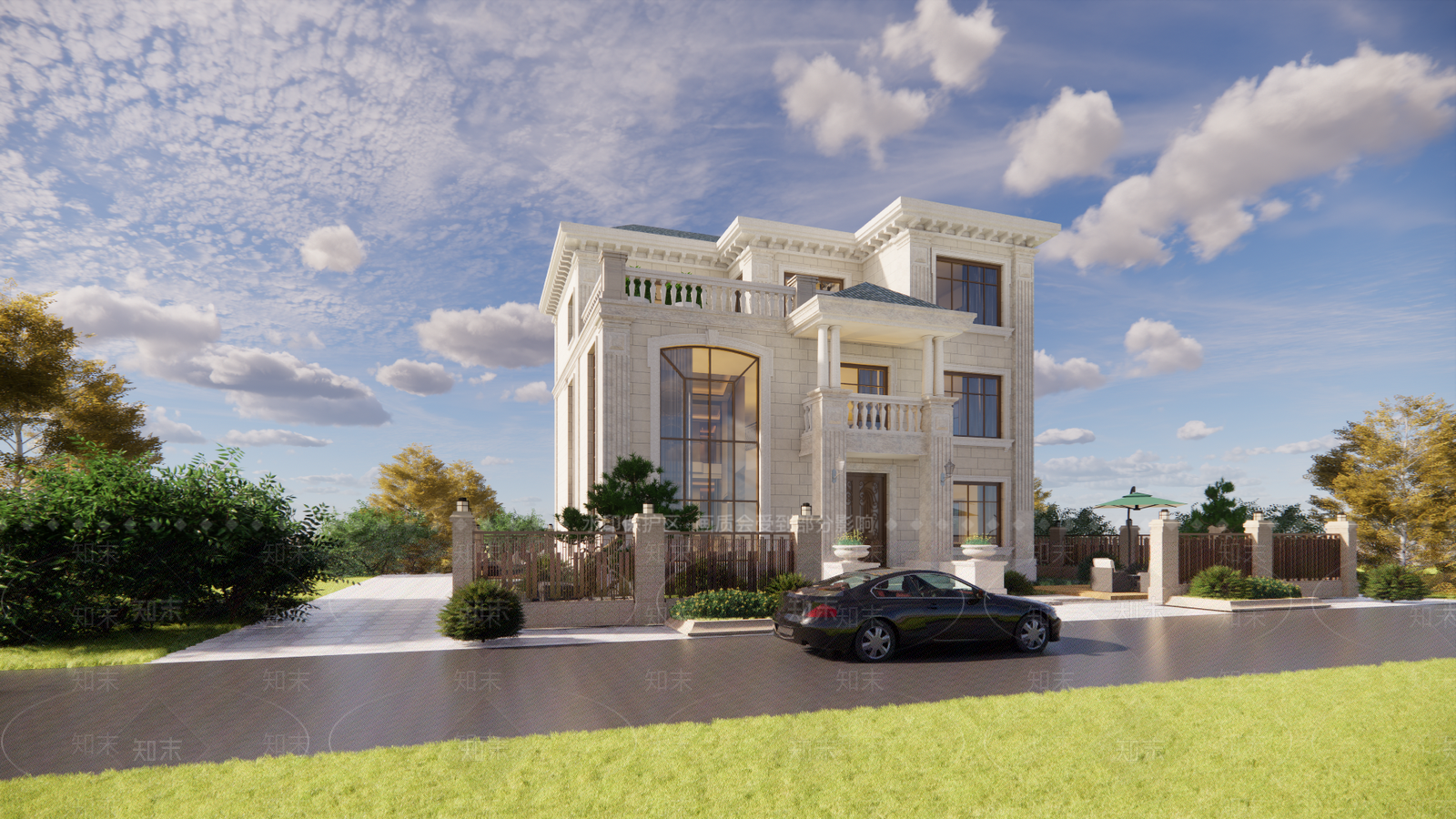 欧式三层坡屋顶别墅SU模型下载【ID:1160964585】