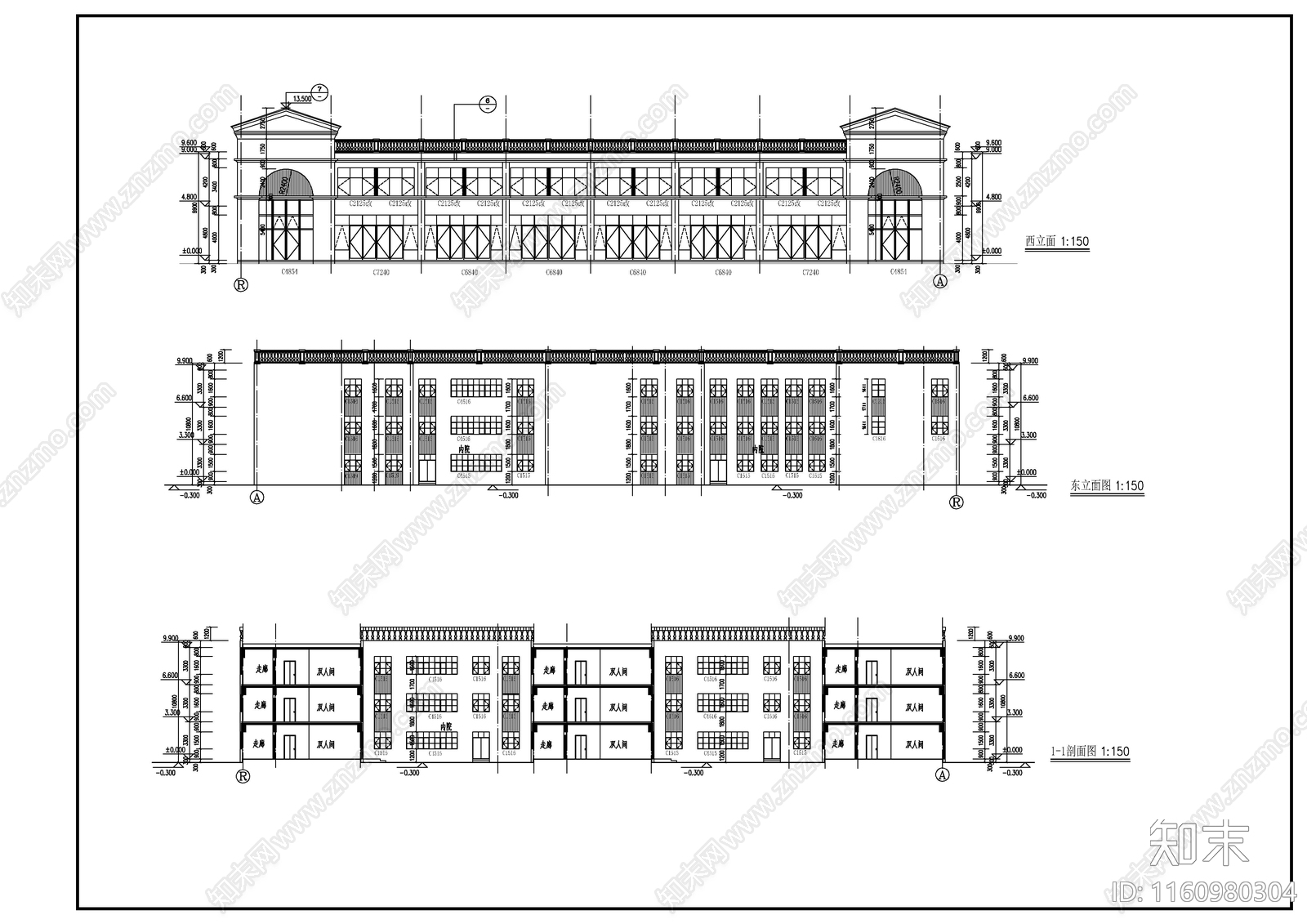 某三层敬老院建筑图cad施工图下载【ID:1160980304】