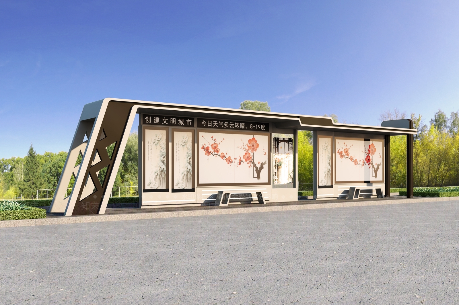 现代公交候车亭公交站台3D模型下载【ID:1161001326】