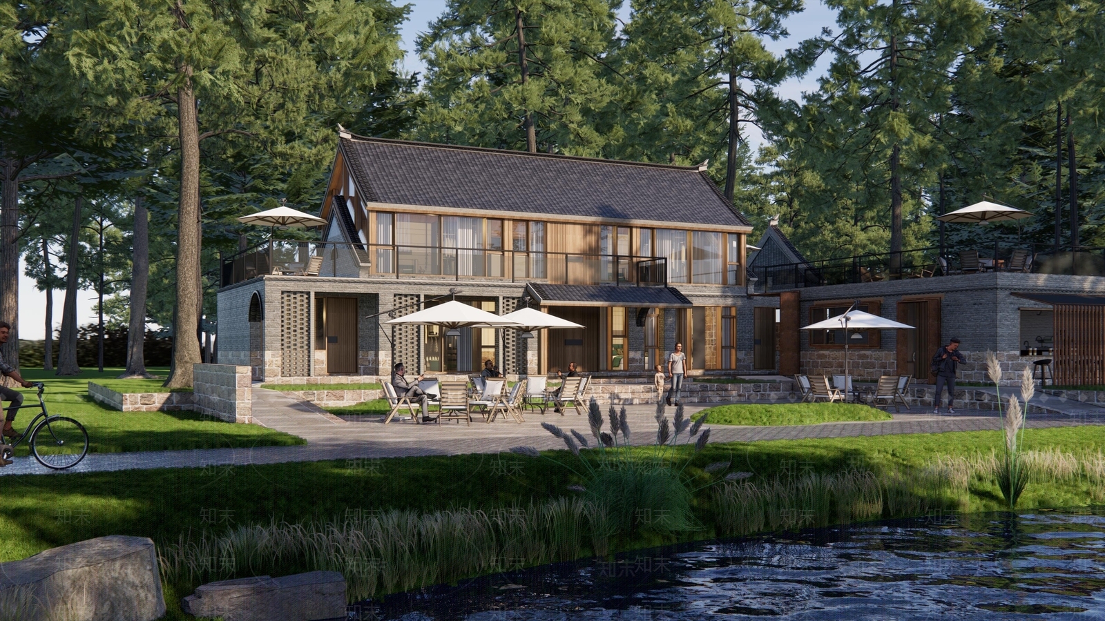 新中式滨水乡村民宿SU模型下载【ID:1161004055】