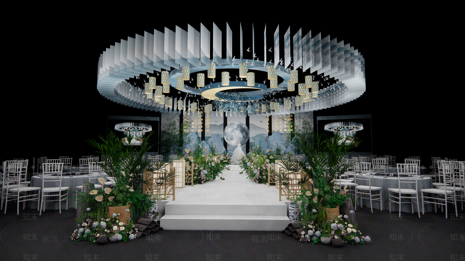 新中式山水国风婚礼宴会厅SU模型下载【ID:1161007135】