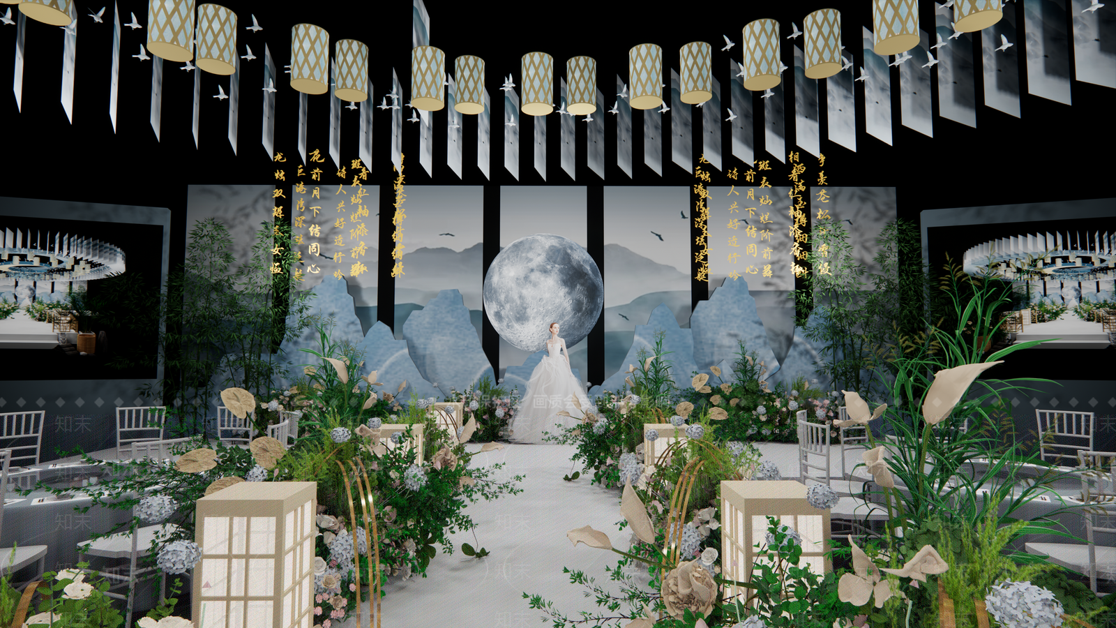 新中式山水国风婚礼宴会厅SU模型下载【ID:1161007135】