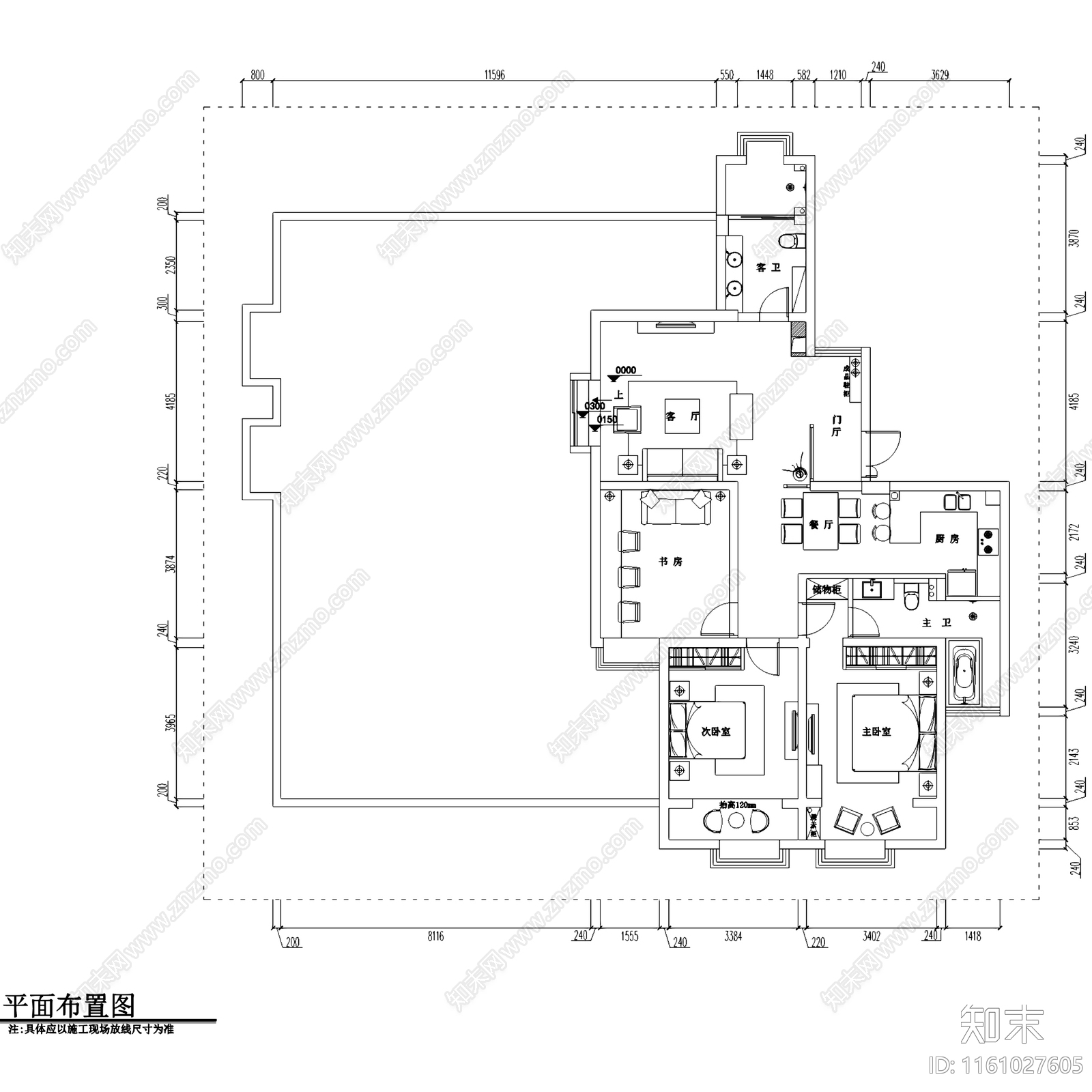 现代简约毫州三室两厅两卫屋顶层大平层室内家装cad施工图下载【ID:1161027605】