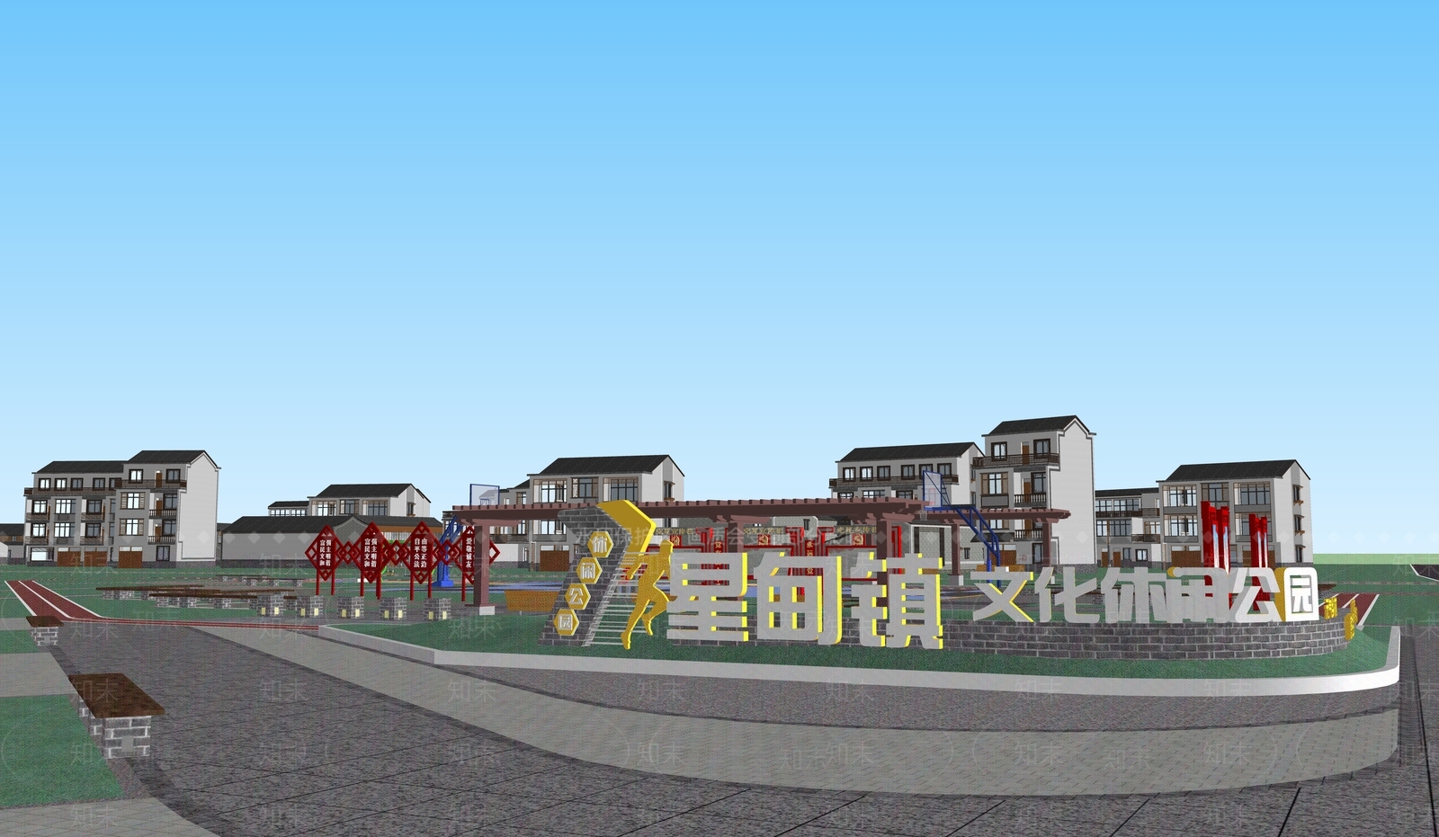 新中式美丽乡村文化休闲公园SU模型下载【ID:1161042240】