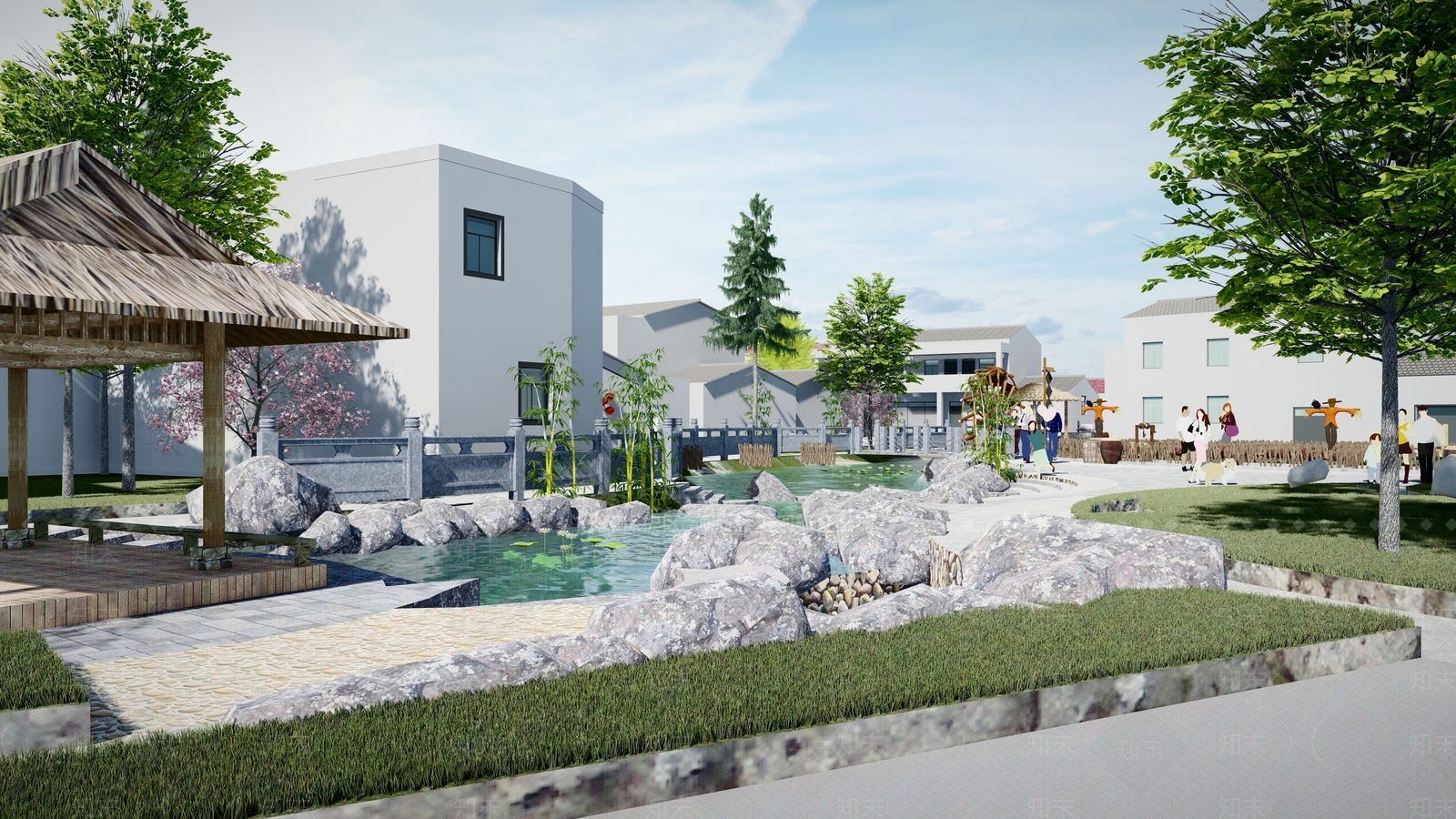 新中式美丽乡村滨水景观SU模型下载【ID:1161043306】