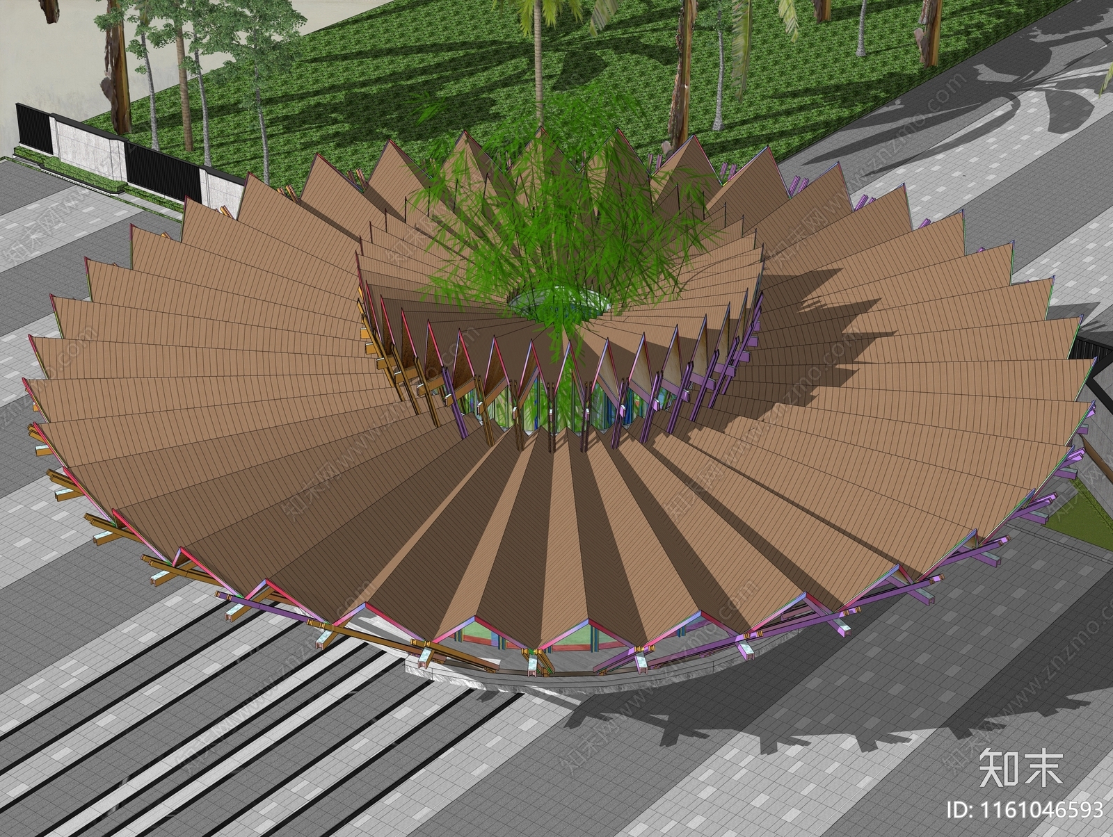 现代折角圆形花朵造型木构斜拉廊架SU模型下载【ID:1161046593】