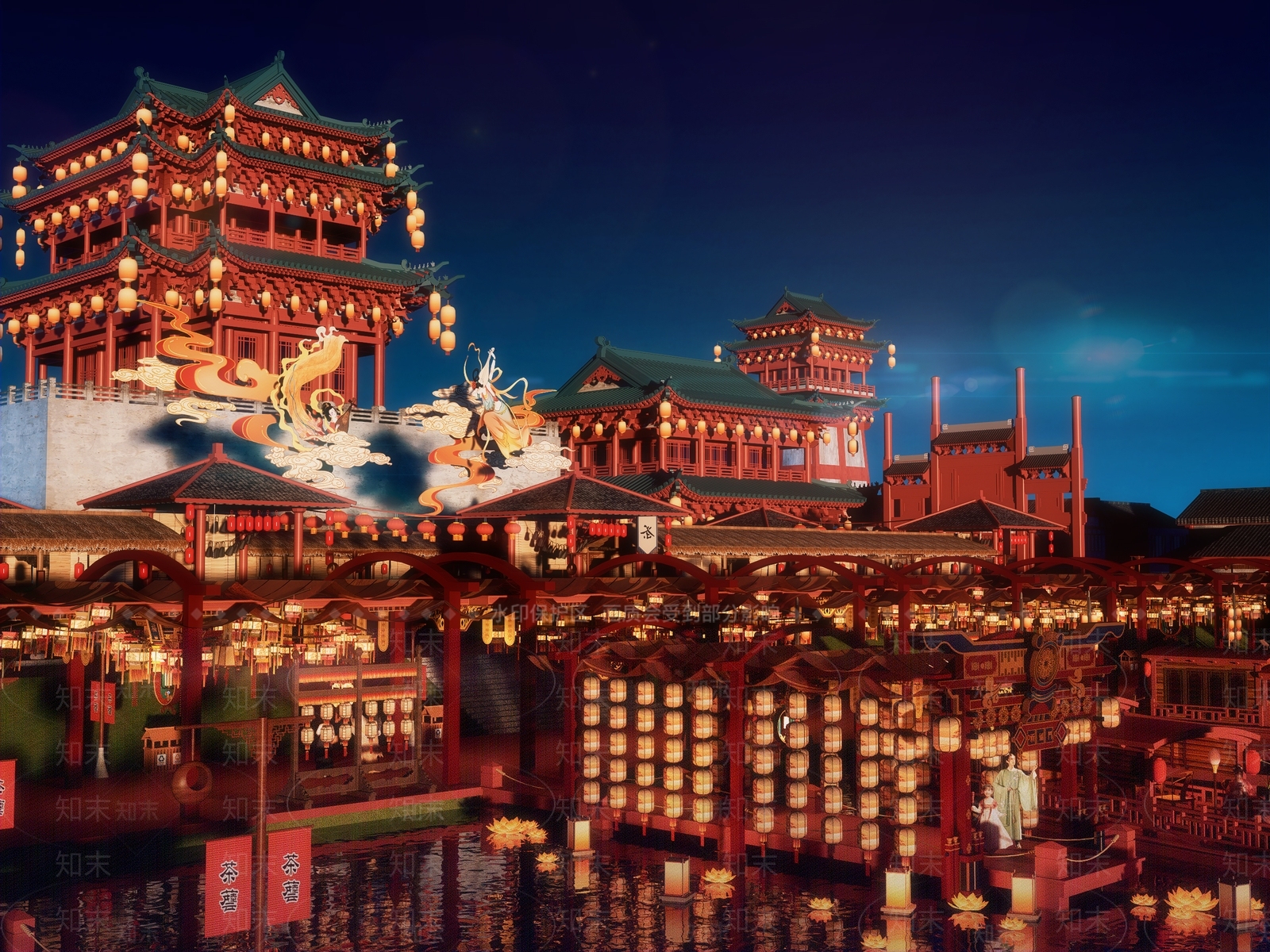 新中式古风国潮非遗文化滨水灯会集市商业街美陈SU模型下载【ID:1161054043】